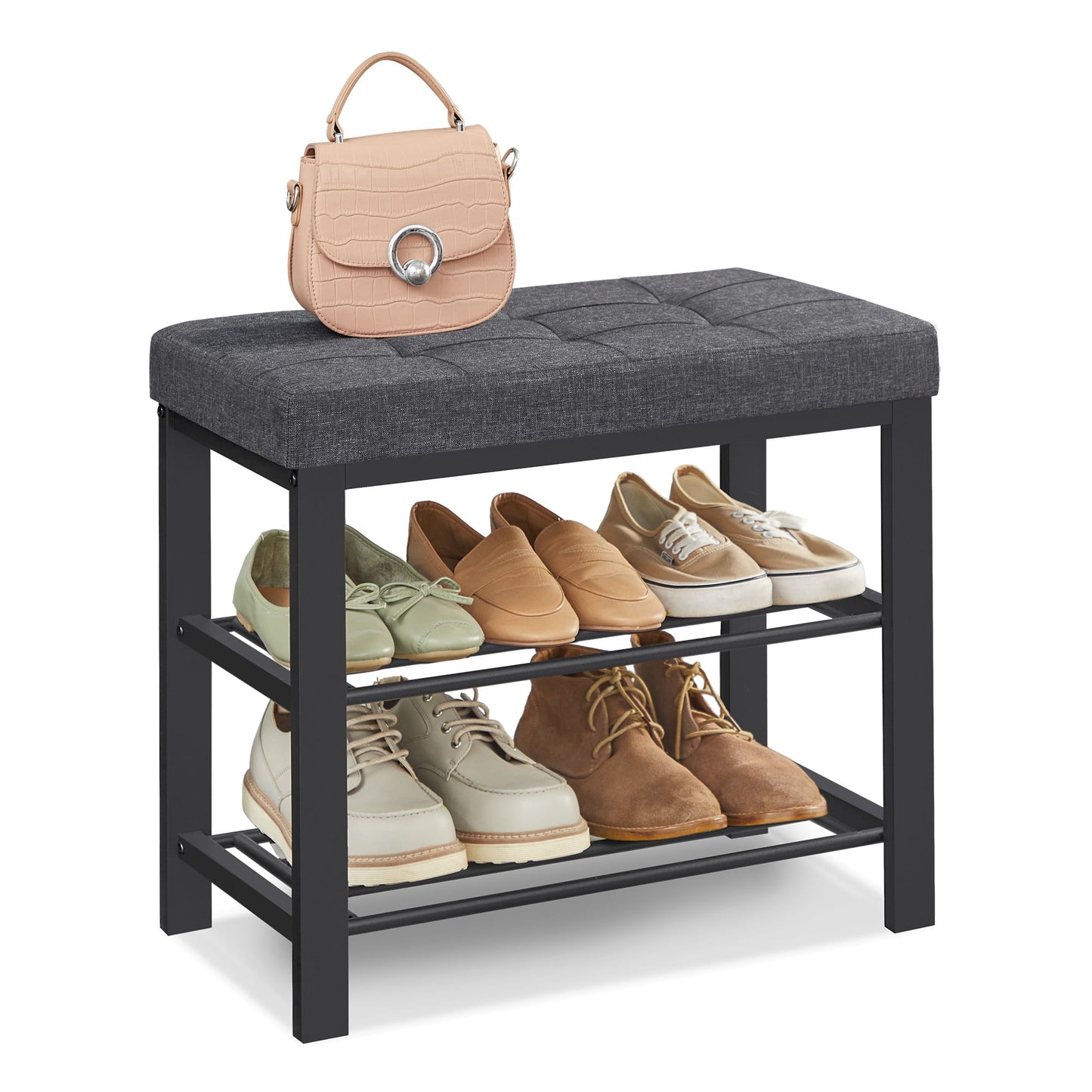 SONGMICS 3-Tier Shoe Rack Shoe Bench for Entryway,Storage Organizer with Foam Padded Seat Linen Metal Frame for Living Room Hallway 12.2 x 23.6 x 19.3 Inches