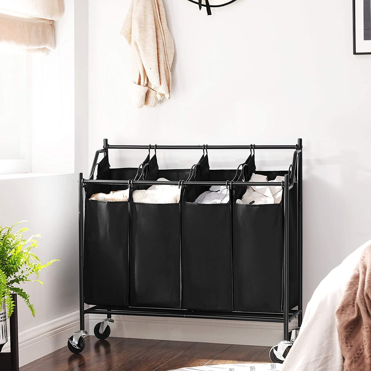 SONGMICS 4-Bag Laundry Cart Sorter Rolling Laundry Basket Hamper with 4 Removable Bags for Laundry Room Black