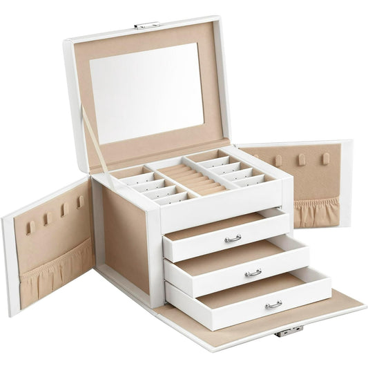 SONGMICS 4-Tier Jewelry Box, Lockable Jewelry Organizer with Handle, 3 Drawers, Travel Jewelry Case with Mirror, Jewelry Storage, White