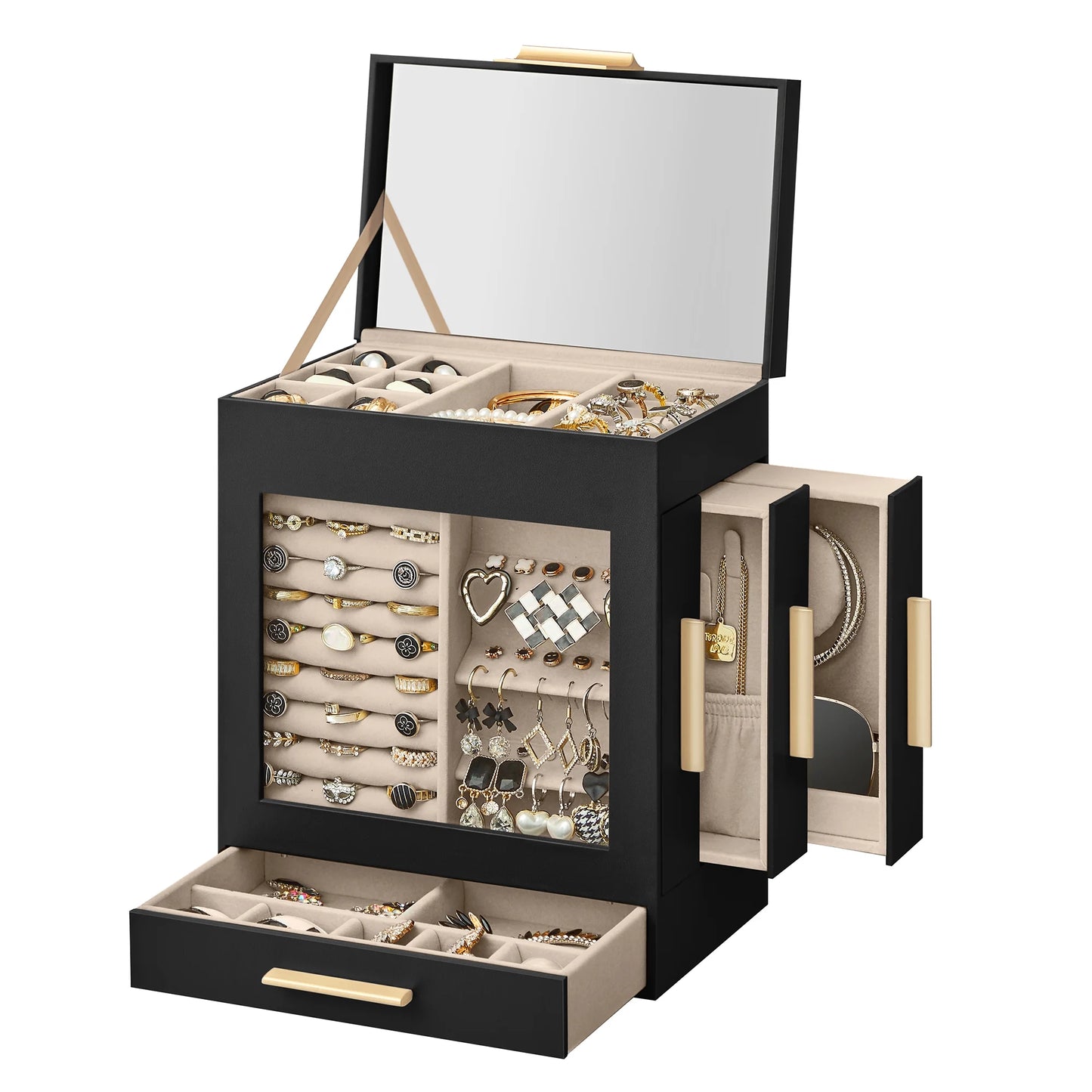 SONGMICS 5-Tier Jewelry Box with Glass Window Jewelry Storage Organizer with 3 Side Drawers & Big Mirror