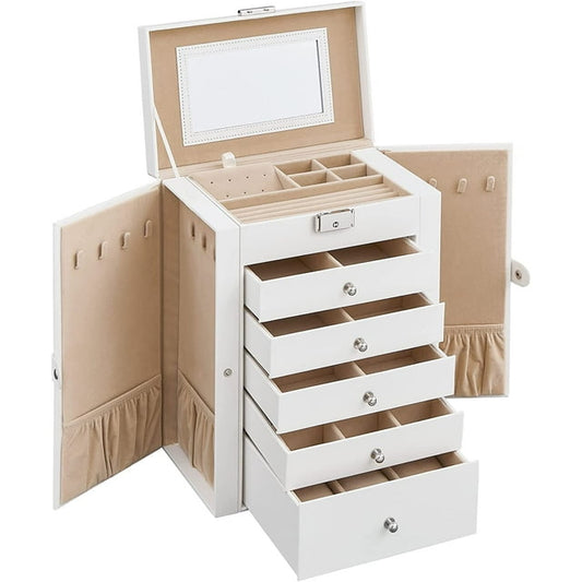 SONGMICS 6 Tier Jewelry Box with Drawers, Mirror and Lock, White