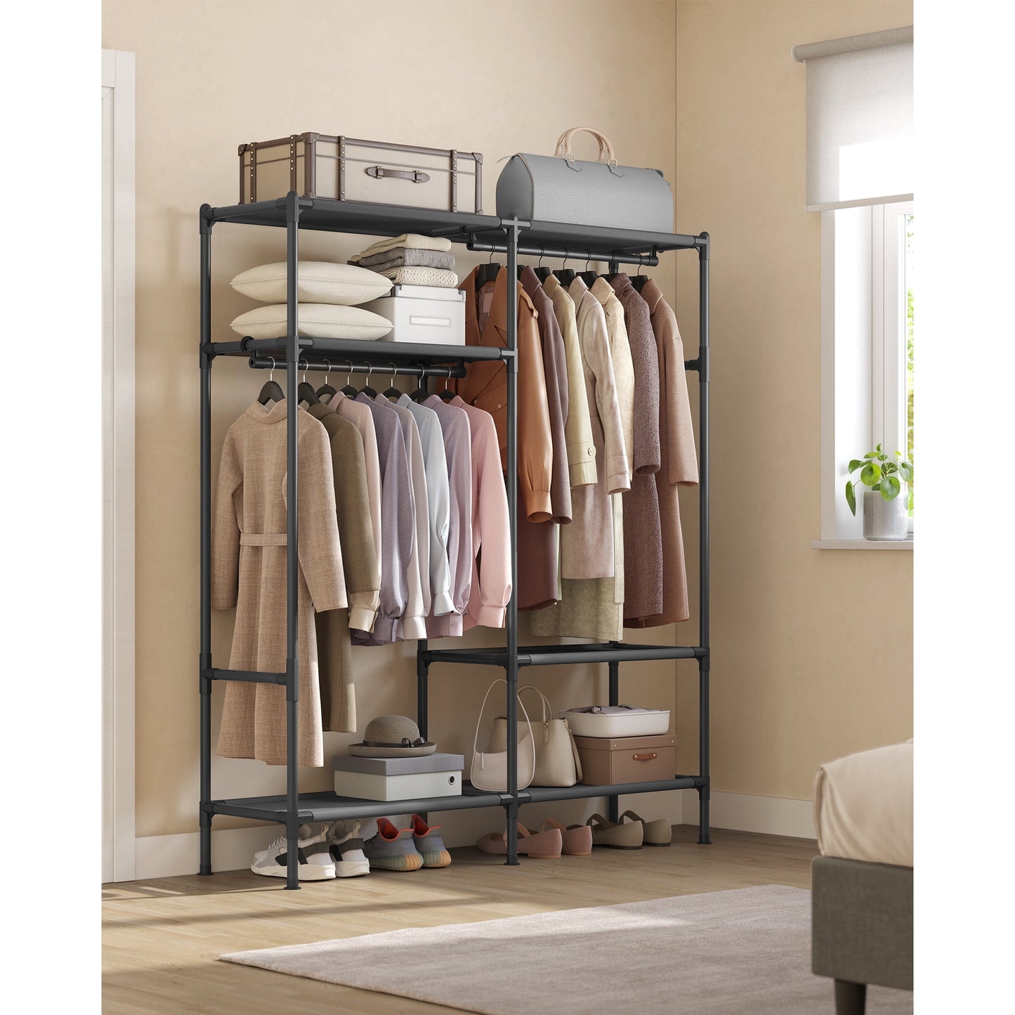 SONGMICS 65 Inch Portable Wardrobe Clothes Rack with Hanging Rails and Shelves Load 242 lb for Cloakroom Bedroom Black