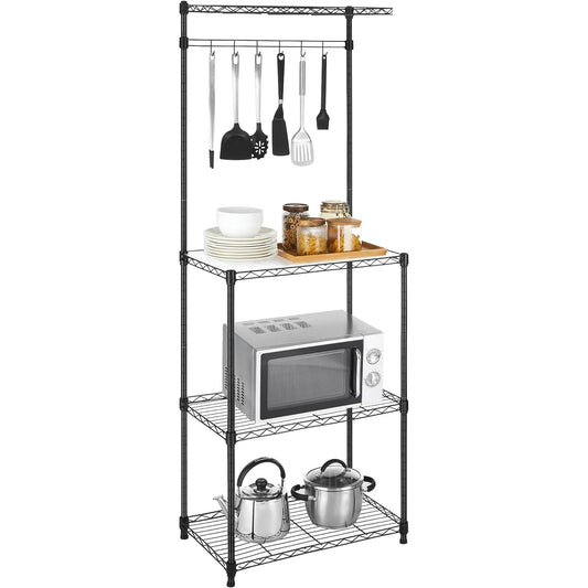 SONGMICS Baker’s Rack Adjustable Microwave Stand Kitchen Storage Rack with 4 Shelves 6 Hooks for Pots Pans Spice Bottles in The Kitchen Apartment Studio Black