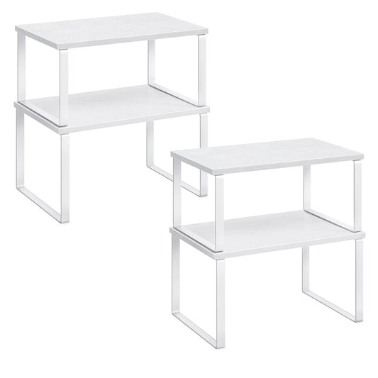 SONGMICS Cabinet Organizer Shelf, Set of 4 Kitchen Counter Shelves, Kitchen Storage, Spice Rack, Stackable, Expandable, Metal and Engineered Wood, Cloud White and Snow White