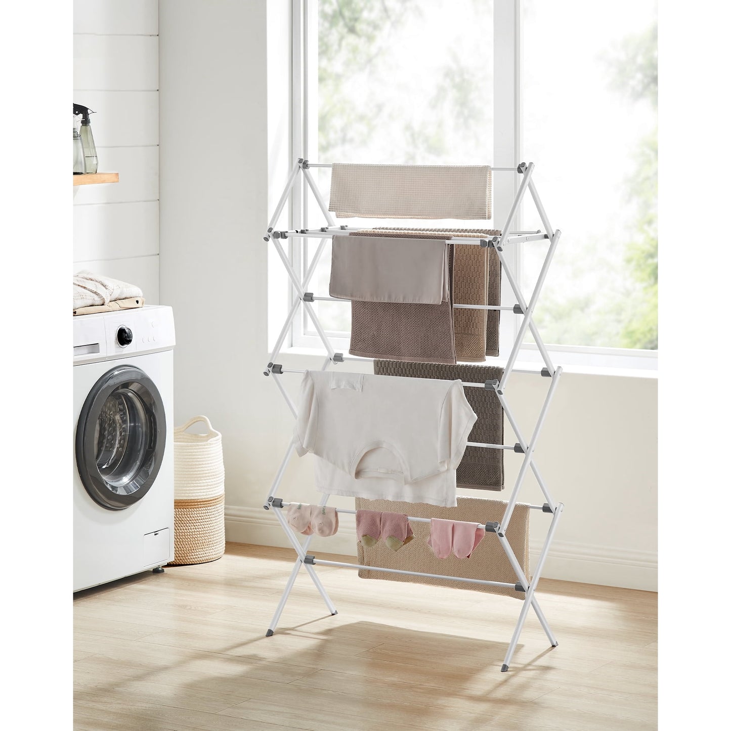 SONGMICS Clothes Drying Rack Folding Laundry Drying Rack Steel Frame Easy Assembly Indoor Outdoor Use White