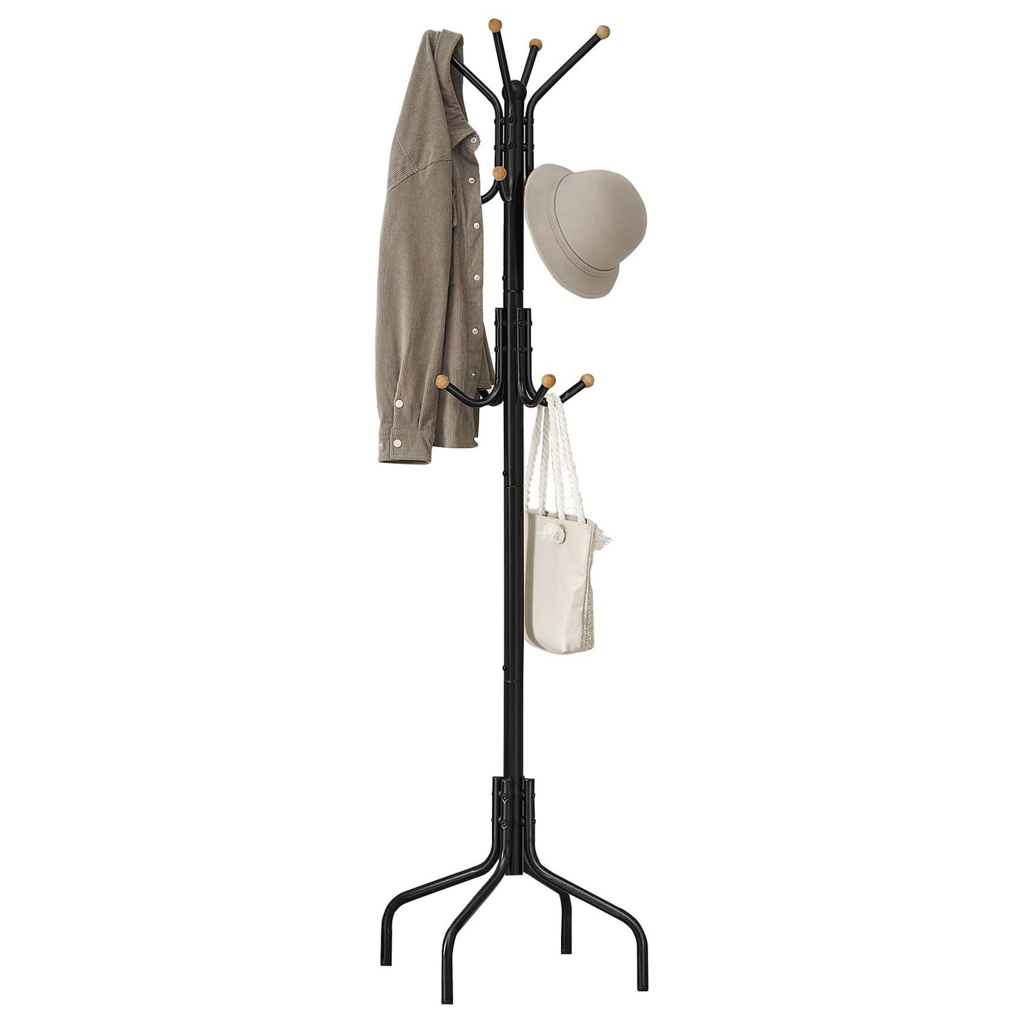 SONGMICS Classic Black Freestanding Coat Rack with 12 Hooks & 4 Legs - Perfect for Entryway, Living Room, Bedroom