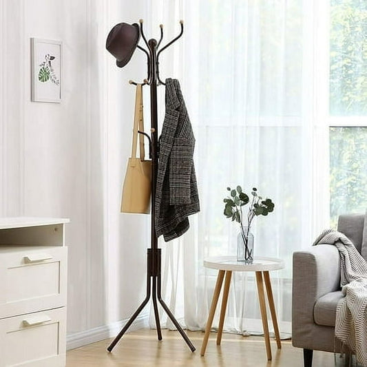 SONGMICS Coat Rack Freestanding Metal Coat Rack Stand with 12 Hooks and 3 Legs Coat Tree Holds Clothes, Hats and Bags for Entryway Living Room Bedroom Coffee Brown