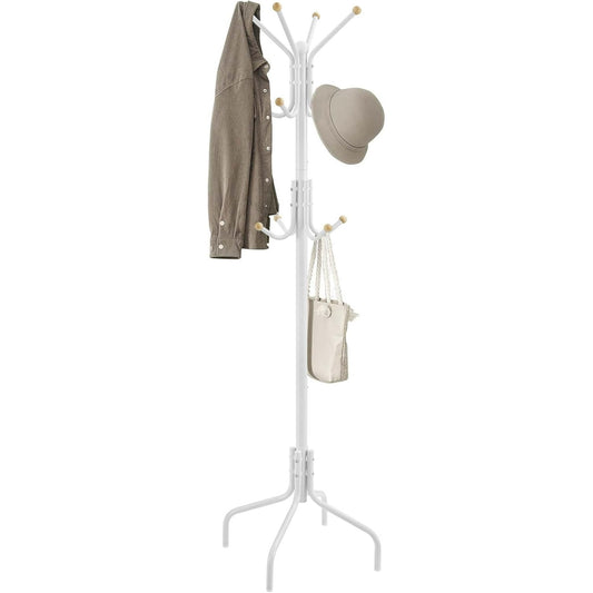 SONGMICS Coat Rack Freestanding, Metal Coat Rack Stand with 12 Hooks and 4 Legs, Coat Tree, Holds Clothes, Hats, and Bags, for Entryway, Living Room, Bedroom, Pearl White