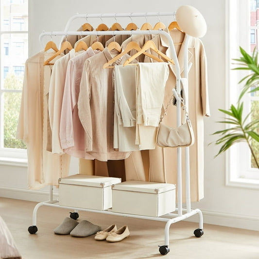 Double-Rod Clothes Rack Garment Rack with Wheels Heavy-Duty Metal Frame 220 lb Max Load Clothes Storage and Display White