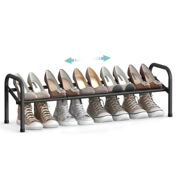 SONGMICS Expandable 1-Tier Shoe Rack Shelf - Adjustable Shoe Organizer for 10 Pairs of Shoes - Metal Free Standing Shoe Rack for Closet, Entryway - Easy Assembly, Ink Black