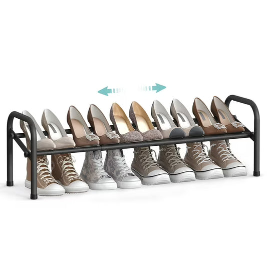 SONGMICS Expandable 1-Tier Shoe Rack Shelf - Adjustable Shoe Organizer for 10 Pairs of Shoes - Metal Free Standing Shoe Rack for Closet, Entryway - Easy Assembly, Ink Black