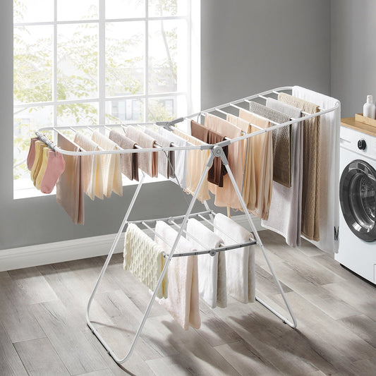 SONGMICS Foldable Clothes Drying Rack with Sock Clips Laundry Drying Rack with Height-Adjustable Gullwings White and Gray