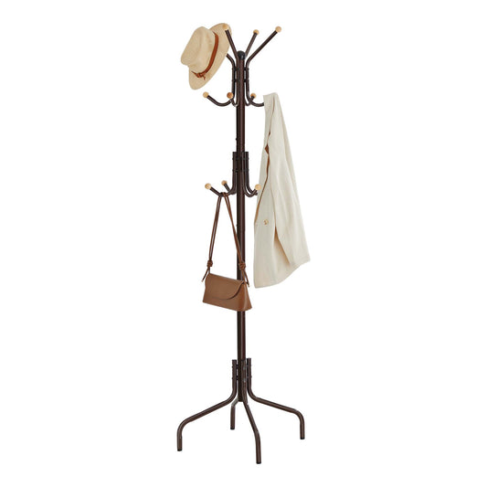 SONGMICS Freestanding Coat Rack Stand - Metal Coat Tree with 12 Hooks and 4 Legs - Coffee Brown - Ideal for Entryway, Living Room, Bedroom