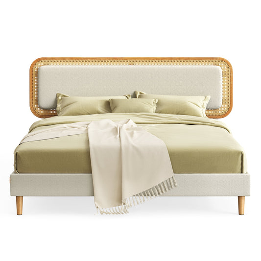 Queen Bed Frame, with Rattan-Like Adjustable Upholstered Headboard, Boho Style