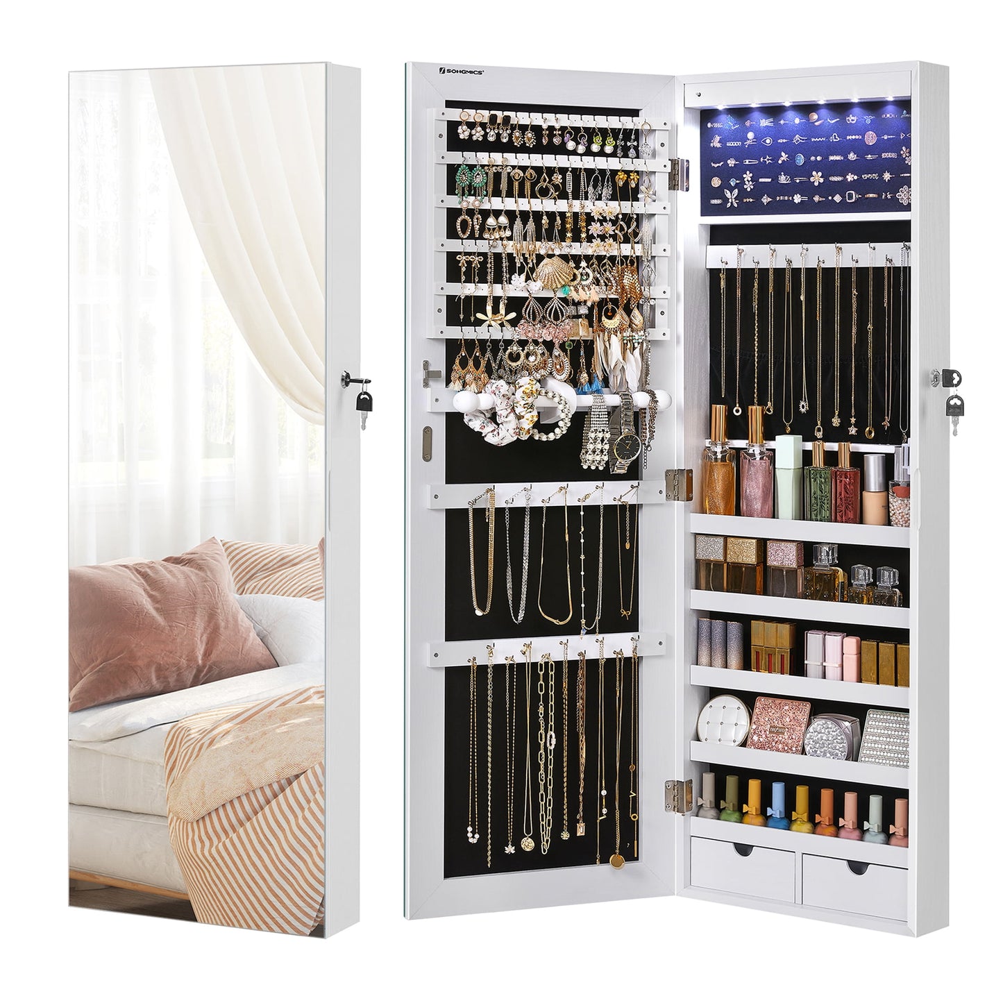 SONGMICS Hanging Mirror Jewelry Cabinet Wall or Door Mounted Jewelry Armoires with LED Interior Lights Jewelry Organizer Box