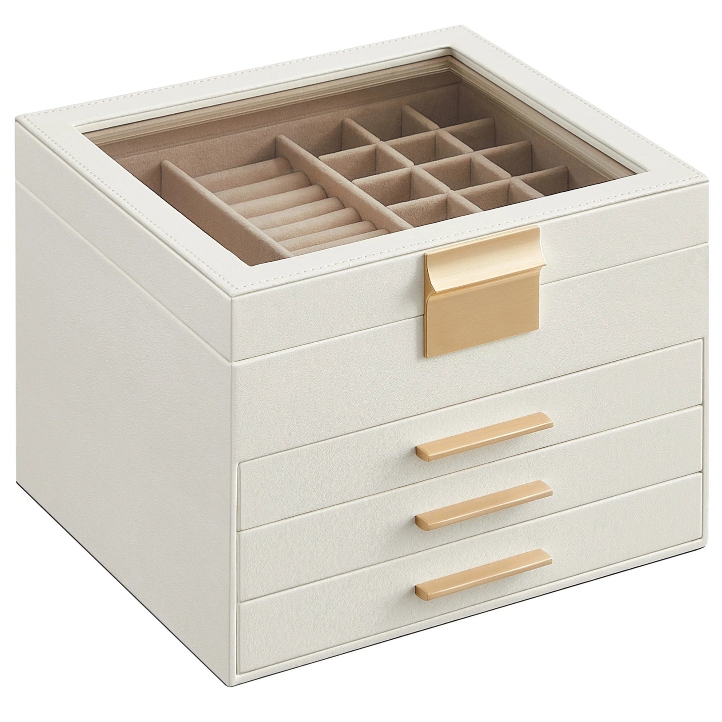 SONGMICS Jewelry Box with Glass Lid, 2-Layer Jewelry Organizer, 1 Drawer, for Big and Small Jewelry, Jewelry Storage, Modern Style, Graphite White