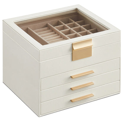 SONGMICS Jewelry Box with Glass Lid, 2-Layer Jewelry Organizer, 1 Drawer, for Big and Small Jewelry, Jewelry Storage, Modern Style, Graphite White