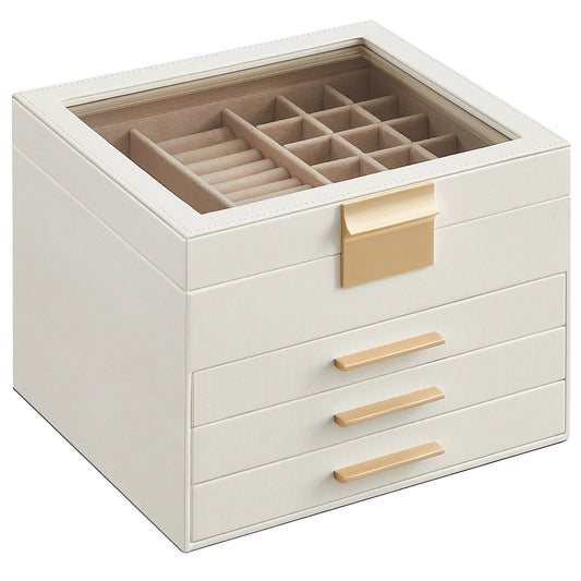 SONGMICS Jewelry Box with Glass Lid, 2-Layer Jewelry Organizer, 1 Drawer, for Big and Small Jewelry, Jewelry Storage, Modern Style, Graphite White