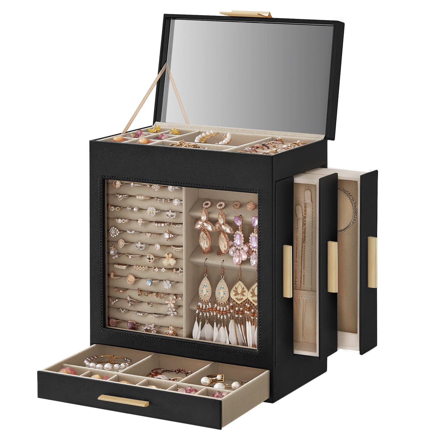 SONGMICS Jewelry Box with Glass Window 5-Layer Jewelry Organizer with 3 Side Drawers Jewelry Storage with Big Mirror Modern