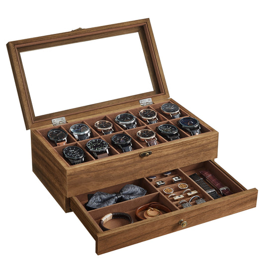 12-Slot Watch Box, 2-Layers Watch Display Case with Large Glass Lid, Velvet Lining Jewelry Storage Holder for Men, Rustic Walnut