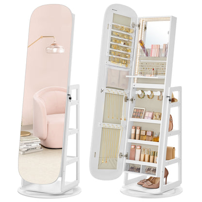Roating Jewelry Cabinet, LED Standing Jewelry Organizer, Lockable Mirror Jewelry Cabinet, White