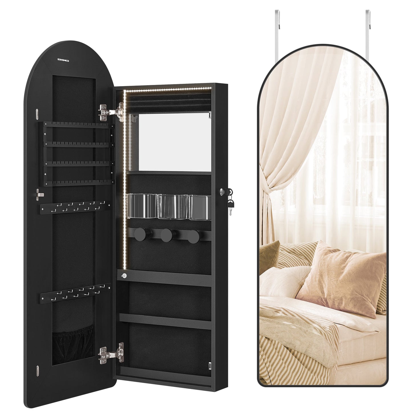 Mirror Jewelry Organizer, 3.9 x 16.5 x 42.5'' Lockable LED Jewelry Cabinet Wall/Door Mounted, Ink Black