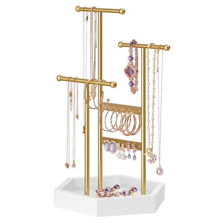 Jewelry Holder, Accessory Organizer, 4 Independent Zones, Jewelry Display Stand with Metal Frame