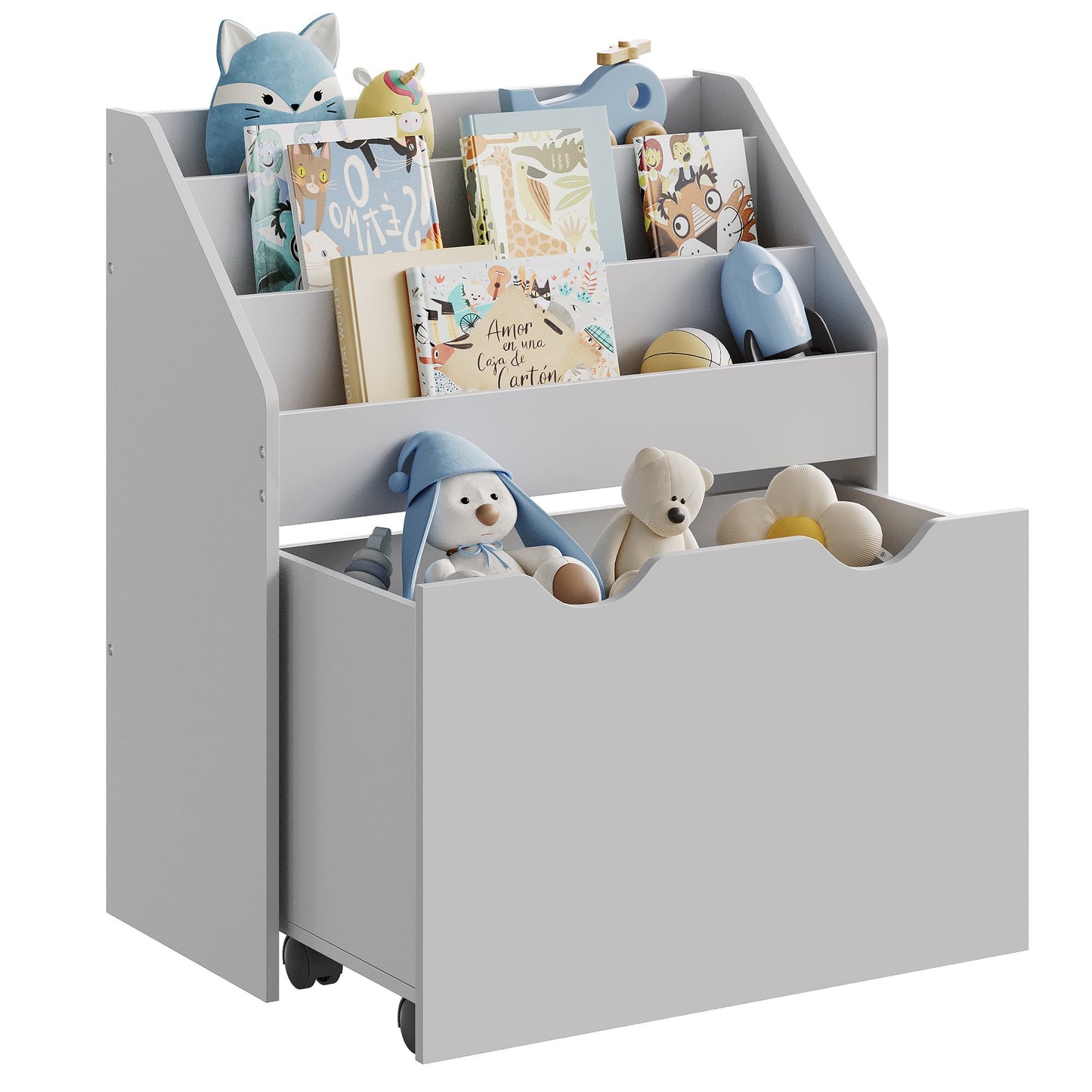 SONGMICS Kids Bookshelf and Toy Organizer, Toy Storage Chest and Bookcase with 3 Shelves, Storage Box with Wheels, Multipurpose Dove Gray