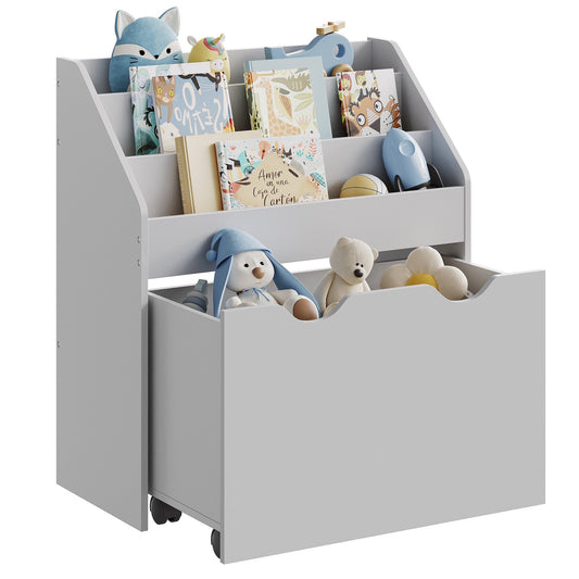 SONGMICS Kids Bookshelf and Toy Organizer, Toy Storage Chest and Bookcase with 3 Shelves, Storage Box with Wheels, Multipurpose Dove Gray