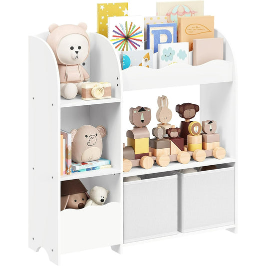 SONGMICS Kids Bookshelf and Toy Storage Storage Organizer with 2 Storage Boxes for Playroom Children's Room Living Room Cloud White