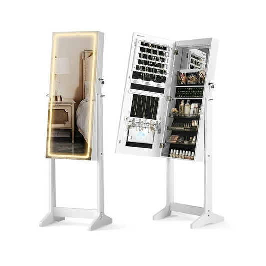 SONGMICS LED Mirror Jewelry Cabinet Organizer Standing Jewelry Armoire Adjustable Brightness and 3 Shades of Light