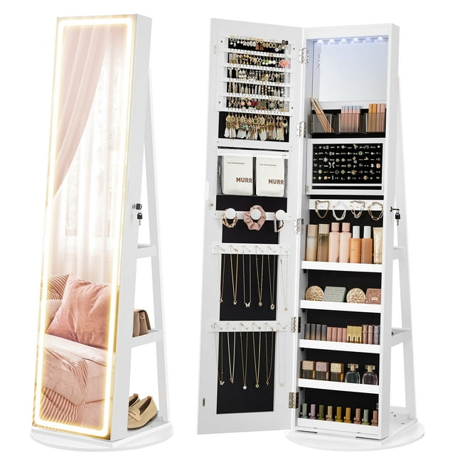 SONGMICS LED Mirror Jewelry Cabinet Standing Jewelry Armoire Organizer Box with Full-Length Mirror