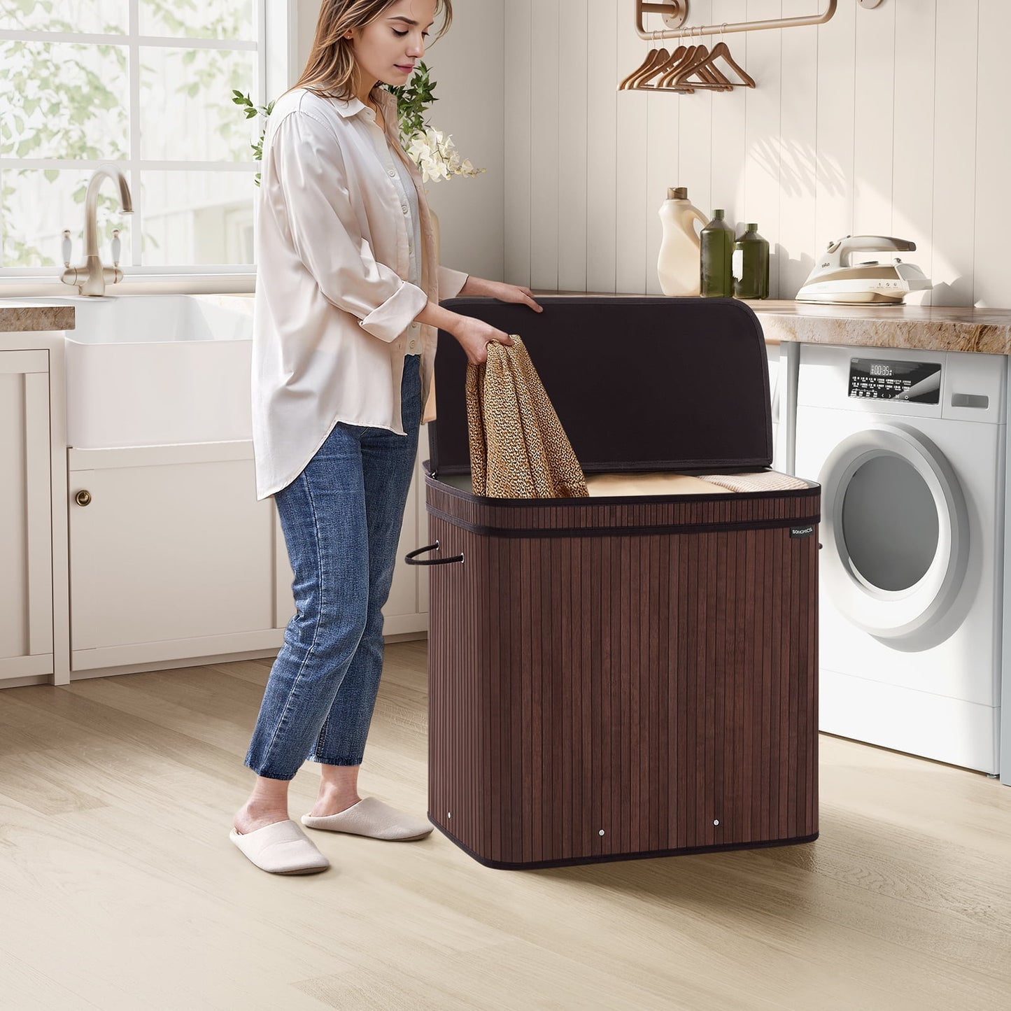 SONGMICS 150L Laundry Hamper with Lid Bamboo Laundry Basket Removable Machine Washable with Handles for Laundry Room Bedroom Chestnut Brown