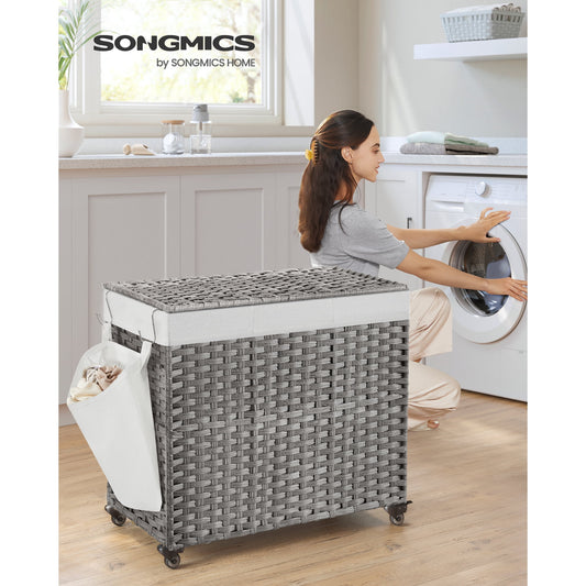 SONGMICS 160L Laundry Hamper with Lid Rolling Laundry Basket with Wheels 3-Section Synthetic Rattan Laundry Hamper Removable Liner for Bedroom Gray