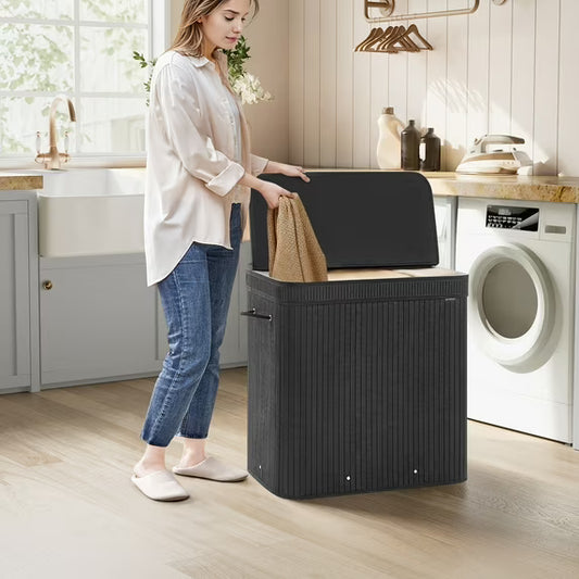 150L Laundry Hamper with Lid Bamboo Laundry Basket Removable Machine Washable with Handles for Laundry Room Bedroom Ink Black