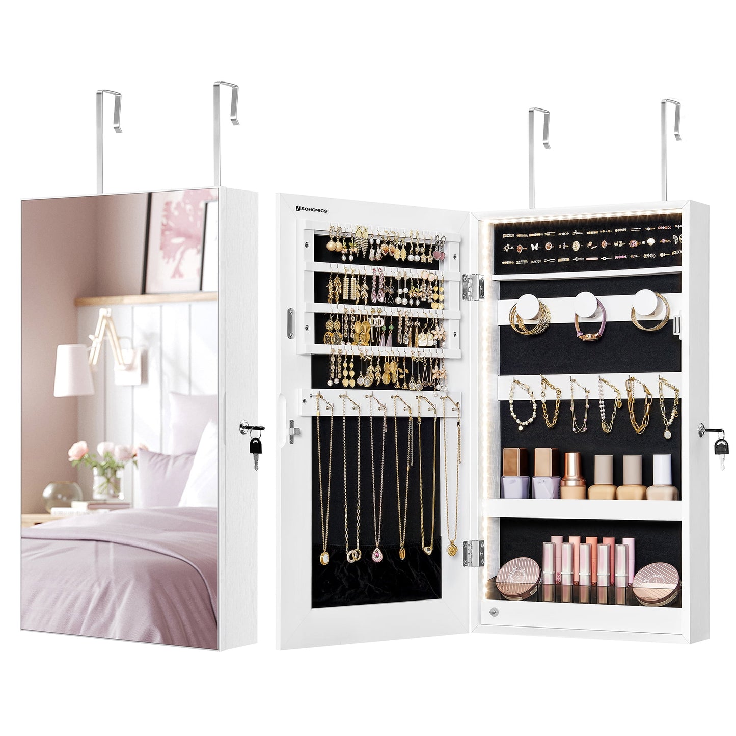 SONGMICS Mirror Jewelry Cabinet Armoire with Built-in LED Lights Wall or Door Mounted Jewelry Storage Organizer Hanging Mirror Cabinet White