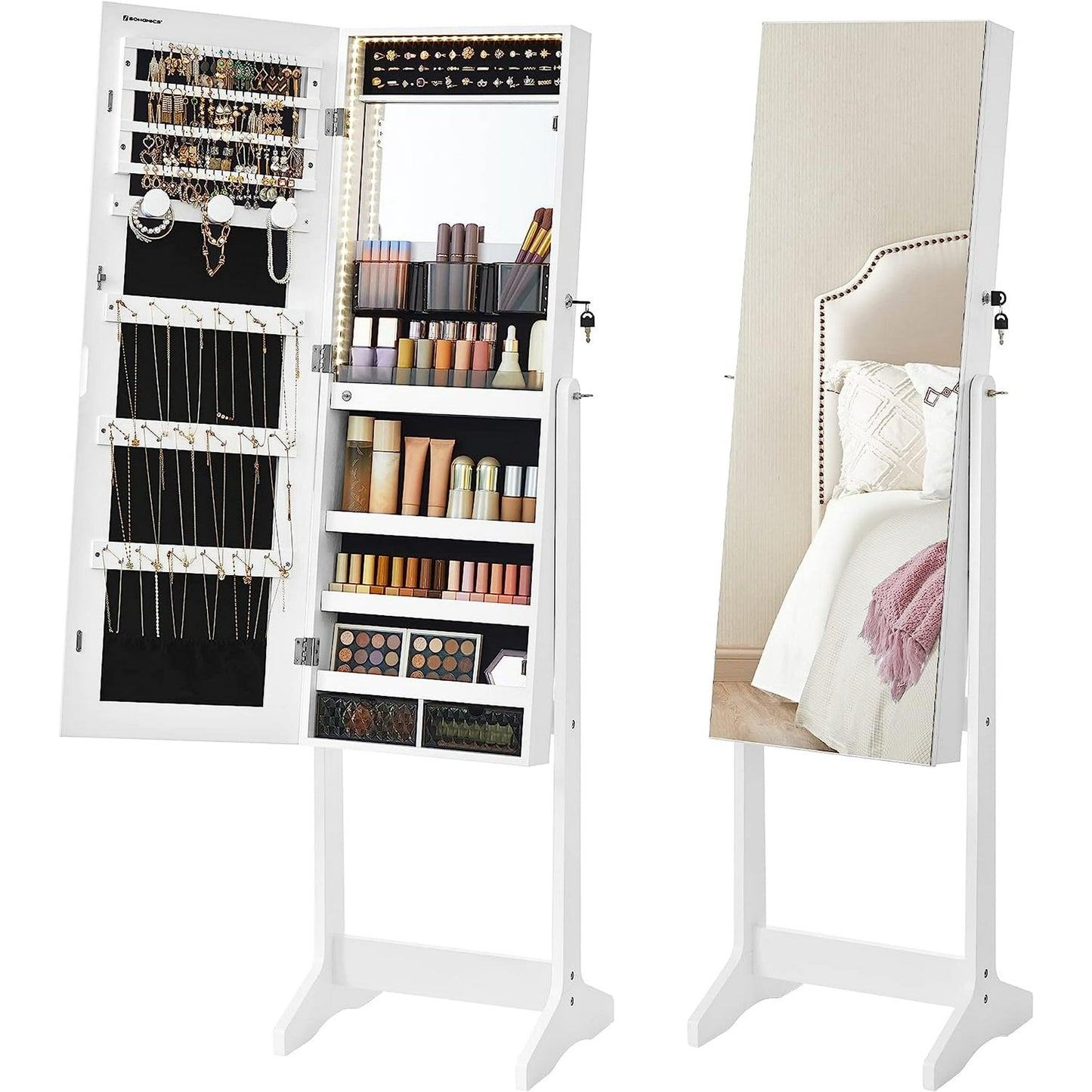 SONGMICS Mirror Jewelry Cabinet Standing Armoire Organizer Jewelry Storage with Full-Length Frameless LED Lights Built-in Makeup Mirror