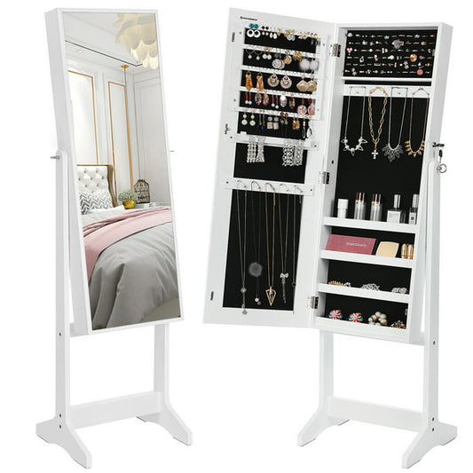 SONGMICS Mirrored Jewelry Cabinet Armoire Standing Full Body Larger Mirror Jewelry Storage Box Makeup Organizer White