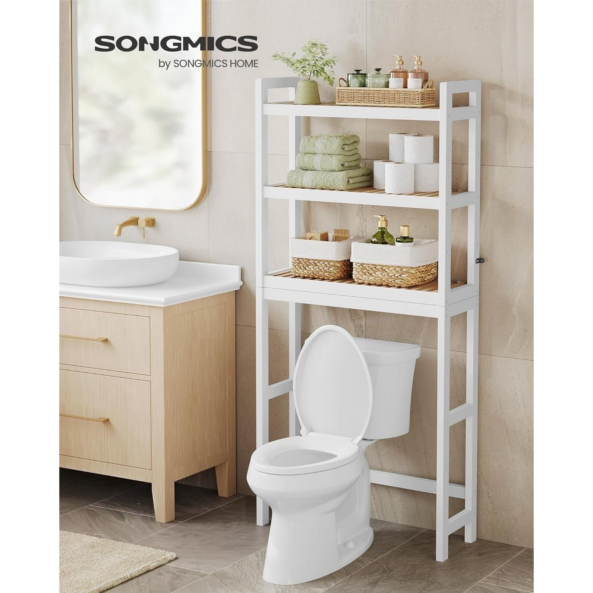 SONGMICS Over The Toilet Storage - 3-Tier Bamboo Bathroom Organizer wi ...