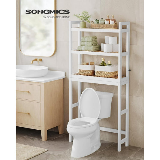 SONGMICS Over The Toilet Storage - 3-Tier Bamboo Bathroom Organizer with Adjustable Shelf, Space-Saving Design - Simply White and Natural Beige