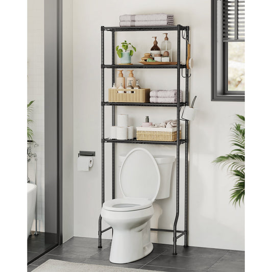 4 Tier Over The Toilet Storage, Metal Storage Rack, Adjustable Shelves, 4 Hooks, Roll Holder, Space-Saving Bathroom Storage Shelf Organizer, 11.8 x 24.8 x 69.3 Inches