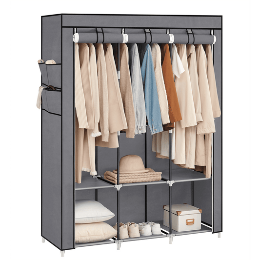 SONGMICS Portable Closet Clothes Wardrobe Organizer Clothing Rack with 3 Hanging Rods and Shelves for Bedroom Living Room Gray