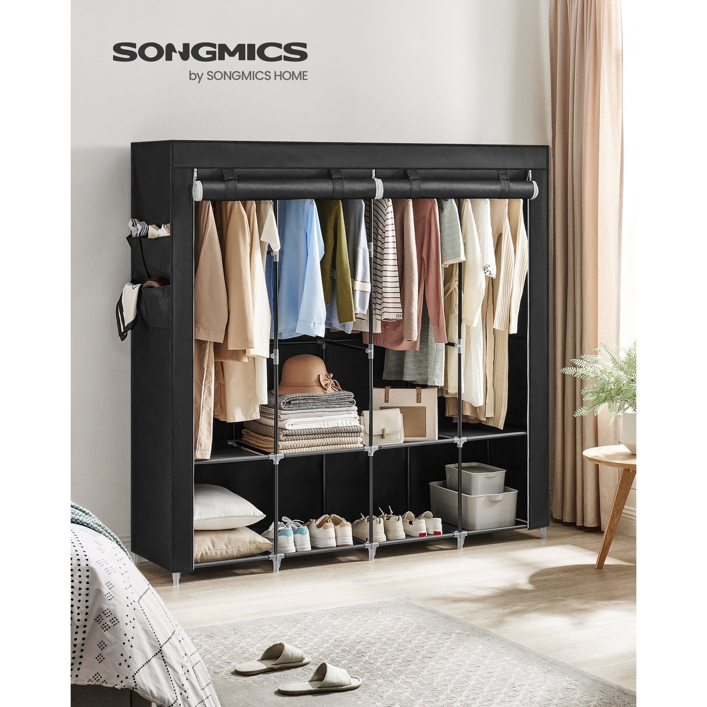 SONGMICS Portable Closet Clothes Wardrobe Organizer with Corver Clothing Rack with 4 Hanging Rods and Shelves for Bedroom Living Room Black