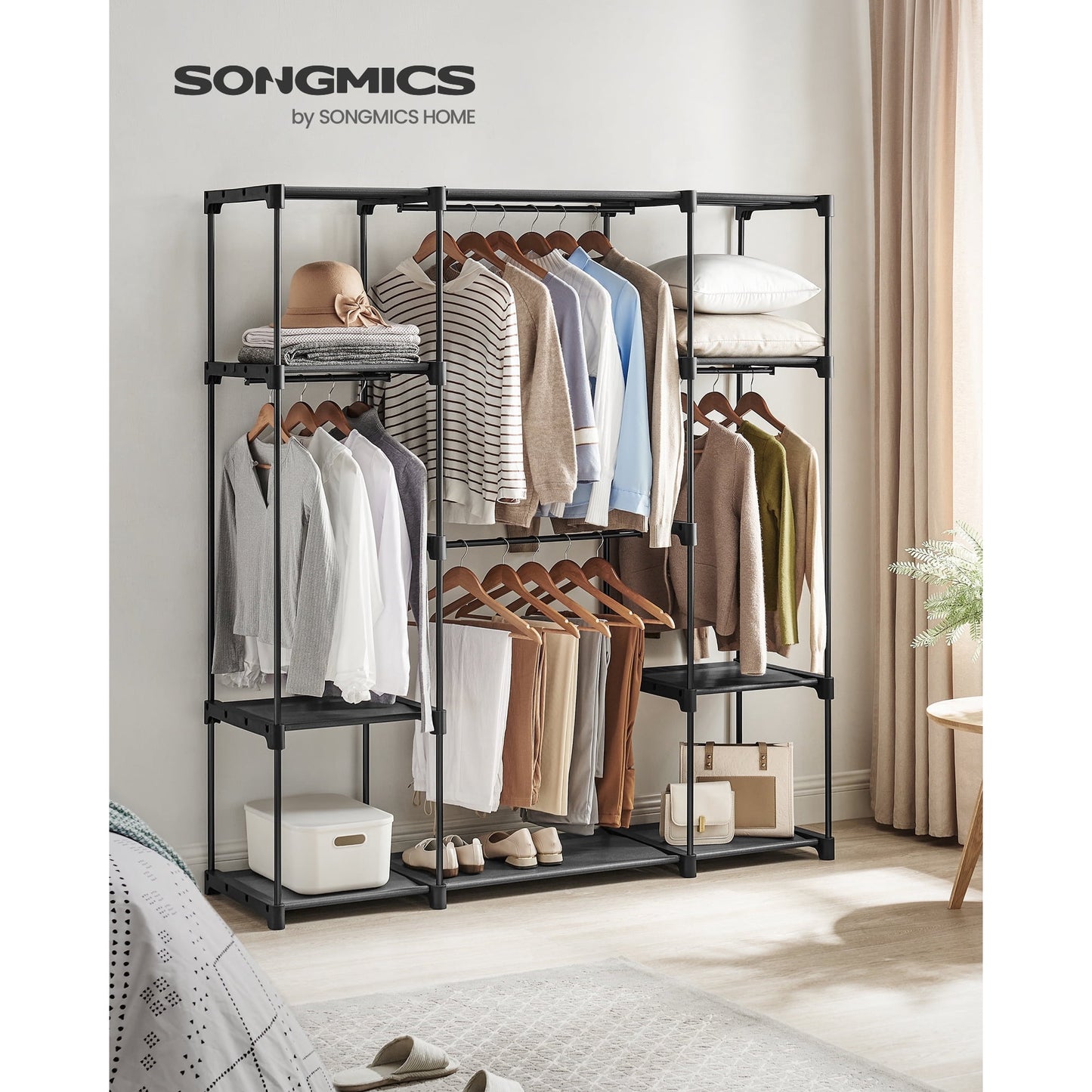 SONGMICS Portable Closet Freestanding Closet Organizer Clothes Rack with Shelves Hanging Rods Storage Organizer for Bedroom Black