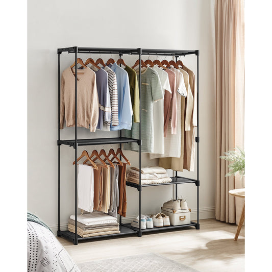 SONGMICS Portable Closet Freestanding Closet Organizer Clothes Rack with Shelves Hanging Rods for Cloakroom Bedroom Black