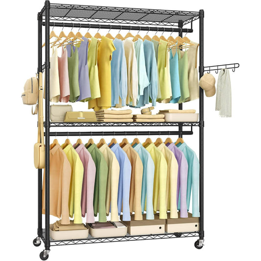 SONGMICS Garment Rack, Heavy-Duty Rolling Clothes Rack, Portable Closet Rack, 43.3-Inch Wide Clothing Rack with Adjustable Mesh Shelves and Hanging Rails, Hooks, Ink Black