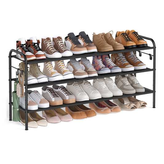 SONGMICS Shoe Rack, 3 Tier Shoe Organizer, Fabric Shoe Shelf Storage with 4 Hooks, Holds up to 18 Pairs of Shoes, Height-Adjustable Shoe Rack for Entryway, Hallway, Closet, Easy Assembly, Ink Black