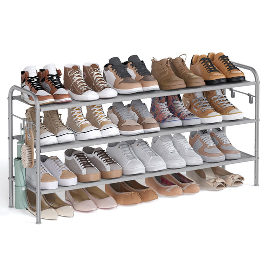 SONGMICS Shoe Rack, 3 Tier Shoe Organizer, Fabric Shoe Shelf Storage with 4 Hooks, Holds up to 18 Pairs of Shoes, Height-Adjustable Shoe Rack for Entryway, Hallway, Closet, Easy Assembly, Dove G