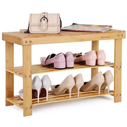 SONGMICS Shoe Rack Bench 3-Tier Bamboo Shoe Organizer for Entryway,Natural