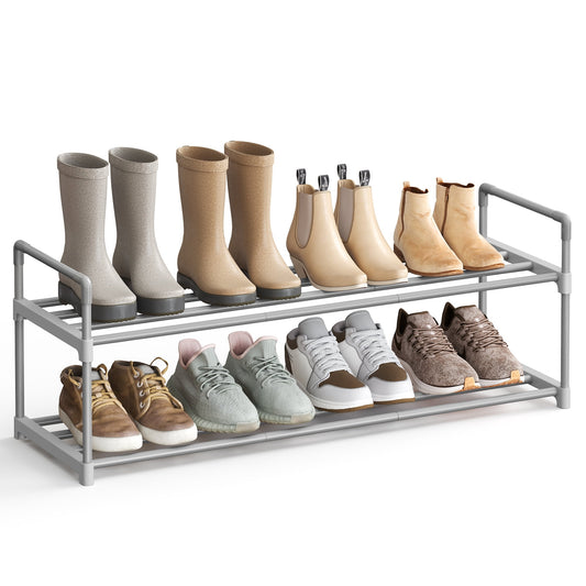 SONGMICS 2-Tier Shoe Rack Organizer, Metal Shoe Storage Shelf for 10 Pairs, Easy Assembly - Grey